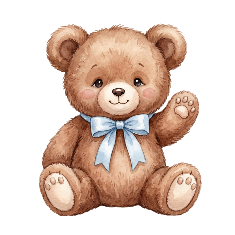 A waving watercolor teddy bear with a powder-blue bow